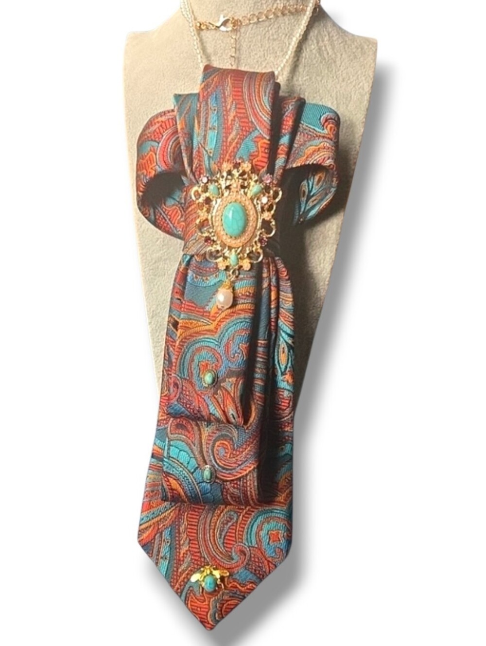 3/$60 Paisley Turquoise & Rust Cravat with Gold And Turquoise Brooch